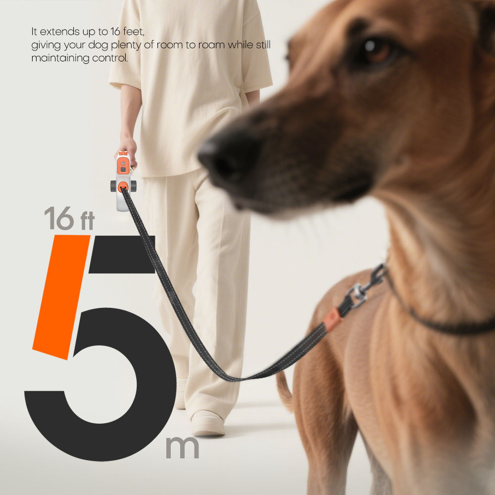 16ft Basic/Led Light Reflective Adjustable Retractable Dog Leash with Poop Bag Dispenser