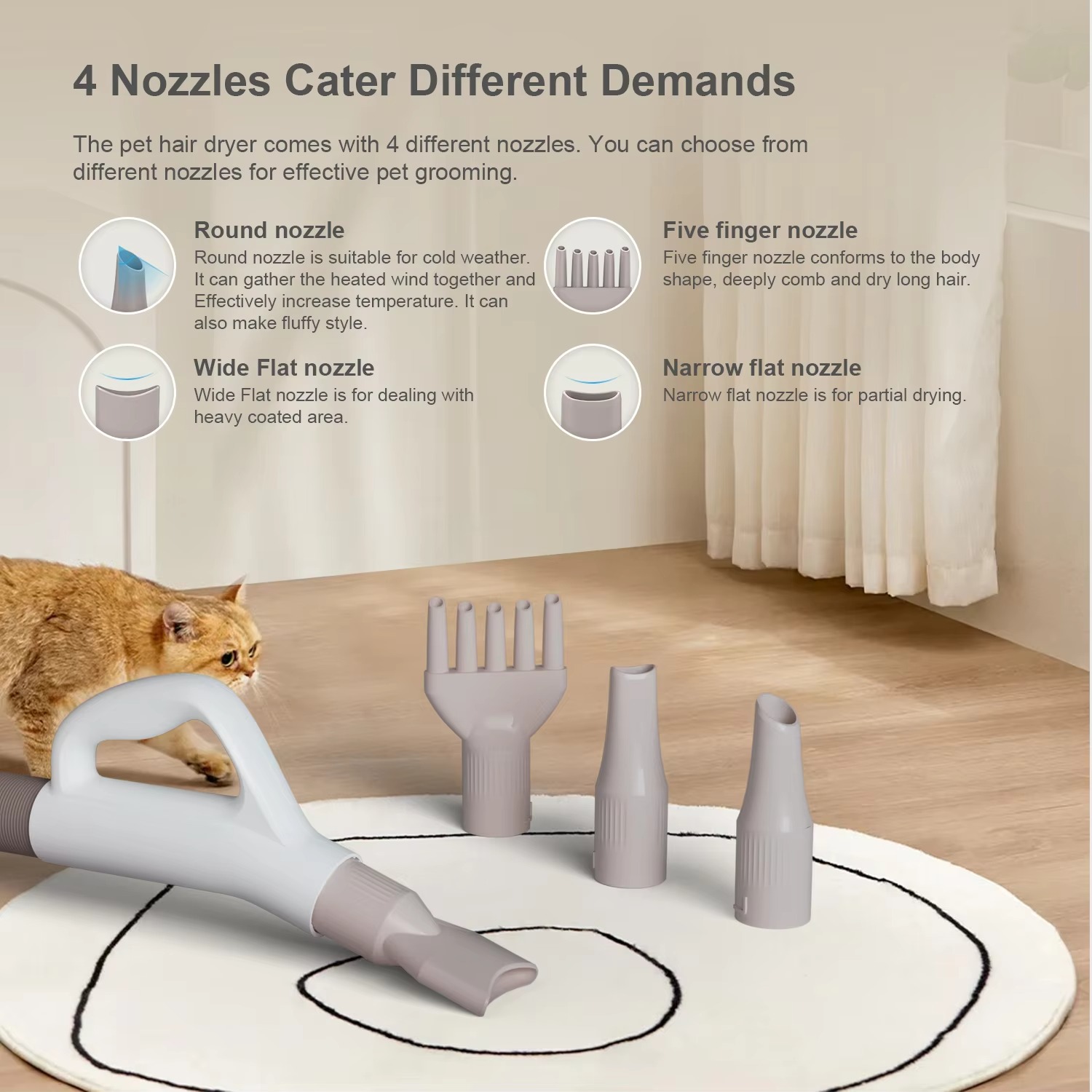 Home Use 4 Nozzles Screen Negative Ions Adjustable Airflow and Temperature Pet Grooming Dog Hair Force Dryer