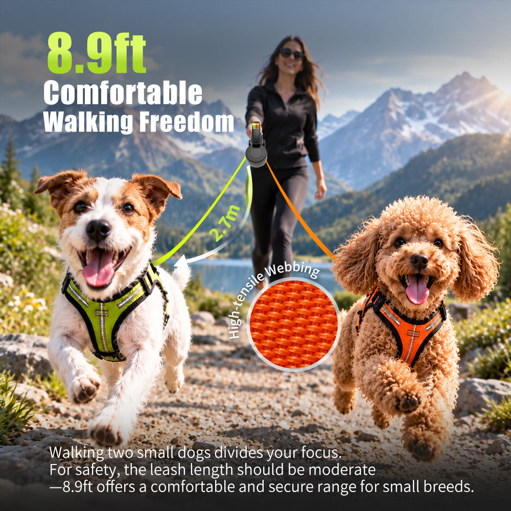 9ft Adjustable Dual Small Dogs tangle Free Retractable Pet Leash with Poop Bag Dispenser
