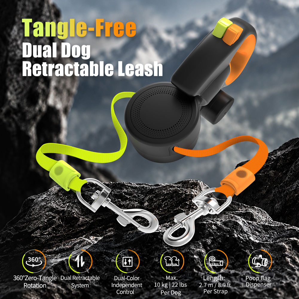 9ft Adjustable Dual Small Dogs tangle Free Retractable Pet Leash with Poop Bag Dispenser