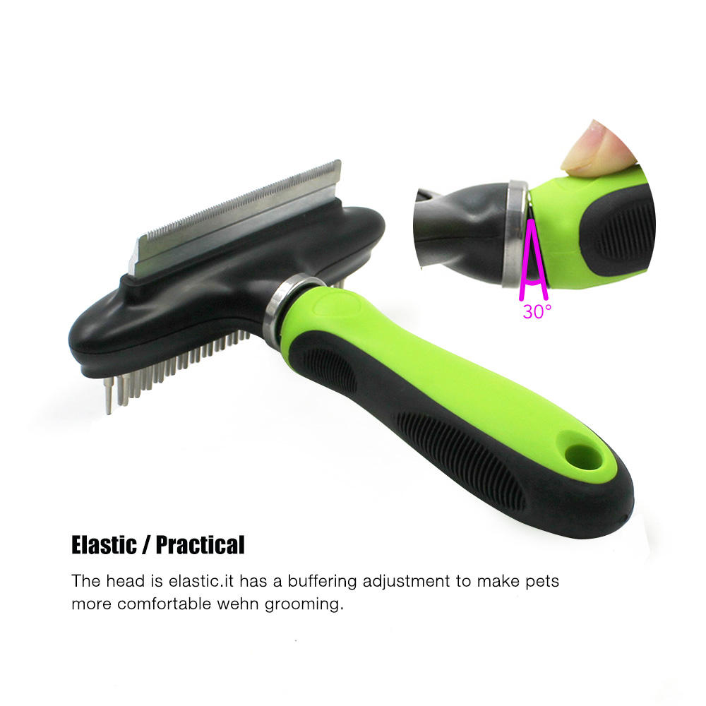 Elastic Head Double Row Rake and Deshedding Pet Hair Grooming Comb for Dog Cat