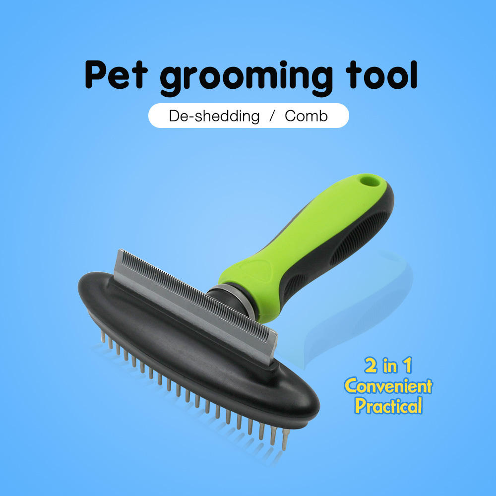 Doule Sided Elastic Head Dog Hair Shedding Tool and Pet Cat Grooming Rake Comb