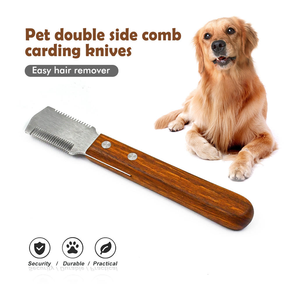 Professional Double Side Wooden Handle Pet Grooming Tool Dog Hand Stripping Knife Comb